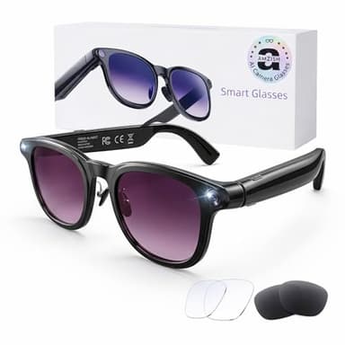 AI Smart Glasses with Camera, 8MP HD Bluetooth Camera Glasses, 1080P Video Recording Sunglasses for Women Men, Real Time Translation, Voice Assistant, Open-Ear Audio for Travel, Work Vlog (3 lenses)