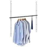 Closet Hanging Rod, 47.2in Wide Extension Closet Hanging Organizer, 6 Height Adjustable Hanging Closet Rods, Space Saving Heavy Duty Closet Rod for Hanging clothes and Towel up to 33.8 in long, Black