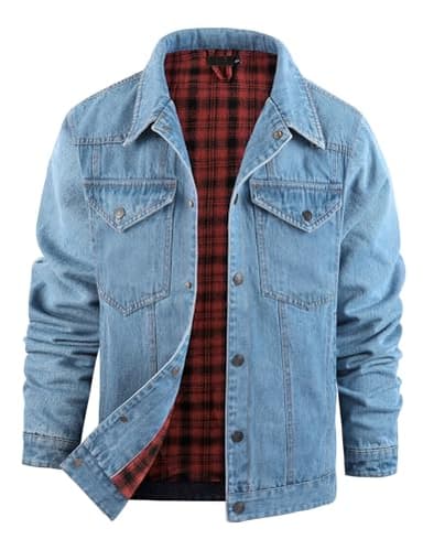 Flygo Mens Flannel Lined Denim Jacket Snap Cowboy Cut Western Classic Slim Fit Vintage Heavy Duty Jacket Trucker Coat(LightBlue-L)