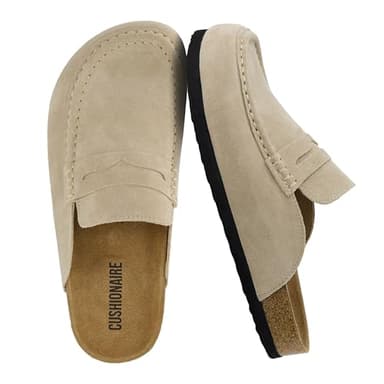CUSHIONAIRE Fondu Genuine Leather Mule Clogs for Women, Comfortable Slip On Womens Shoes with Penny Strap Accent and Memory Foam Footbed, Biscuit 9