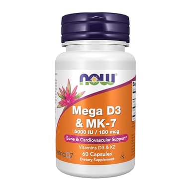 NOW Foods Supplements, Mega D-3 & MK-7 with Vitamins D-3 & K-2, 5,000 IU/180 mcg, Bone & Cardiovascular Support*, 60 Veg Capsules
