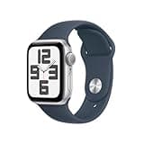 Apple Watch SE (2nd Gen) [GPS 40mm] Smartwatch with Silver Aluminum Case with Storm Blue Sport Band S/M. Fitness & Sleep Tracker, Crash Detection, Heart Rate Monitor