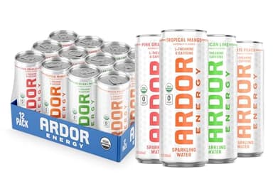ARDOR ENERGY Sparkling Water with 100mg Natural Caffeine & 200mg L-Theanine from Organic Green Tea for Smooth Energy & Focus | Healthy Energy Drink | No Sugar, Zero Calories, Vegan, Gluten-Free | Tropical Variety (Pack of 12, 12oz cans)