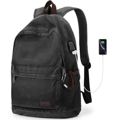 Muzee Canvas Backpack for Women and Men, Lightweight Classic Laptop Backpack with USB Charging Port for School, Travel and Daily Use, Black