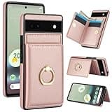 for Google Pixel 6A Wallet Case with Card Holder, 360° Rotation Ring Kickstand RFID Blocking PU Leather Double Magnetic Clasp Shockproof Cover for Women and Girls (Rose Gold)