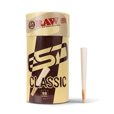RAW Cones Classic 98 Special - 100 Pack - Slow Burning Pre Rolled Cones - Rolling Papers with Tips & Packing Tubes Included