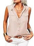 Veatzaer Women's Solid Lapel Sleeveless Tank Tops Button Down Shirts Office Ladies Shirts Apricot