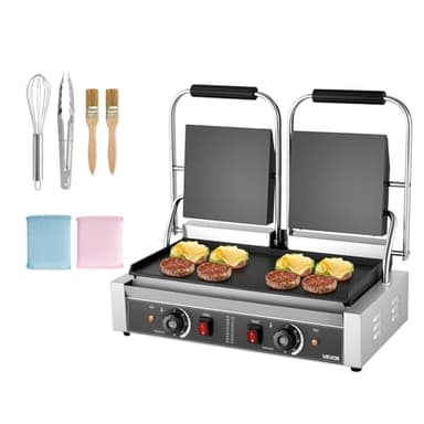 VEVOR Commercial Panini Grill, 3600W Electric Sandwich Panini Maker, Stainless Steel Double Sandwichs Press with Handle and Temp Control, 19x9 in Full Flat Enamel Plate, for Hamburger Steak Bacon