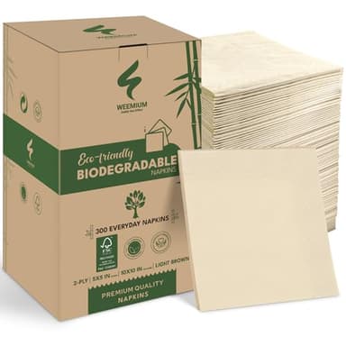 Weemium Compostable Napkins Disposable - FSC Certified - Pack of 300, 2-Ply - 5 x 5 Inch Folded - Post-Consumer Recycled Materials - Biodegradable & Highly Absorbent Paper Napkins for Lunch & Dinner