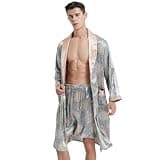 Haseil Men's Luxurious Kimono Robe with Pajama Shorts Set Long Sleeve Silk Bathrobe Soft Satin Robe Lightweight House Sleepwear, Blue, Tagsize5XL=USsize2XL