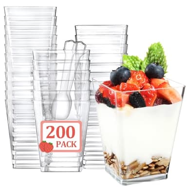 Eupako 200 Pack 5 OZ Plastic Mini Dessert Cups with Spoons - Clear Small Parfait Cups, Square Appetizer Cups for Fruit, Pudding, Mousse, Ice Cream, Party, Wedding, Valentine's Day