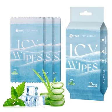 T&K Cooling Body Wipes - 10 Individually Wrapped Icy Refresh Wipes for Adults, with Aloe & Mint | Travel, Sport, Camping Essentials