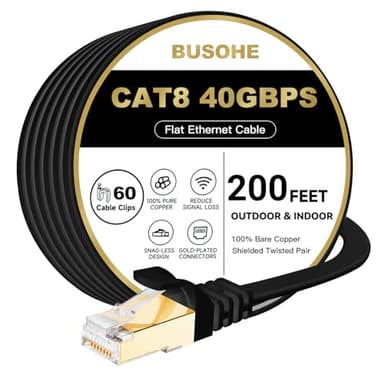 BUSOHE Cat 8 Ethernet Cable 200 FT, 40Gbps 2000MHz CAT8 High Speed Flat Internet Network Patch Cord, Shielded LAN Wire with Gold Plated RJ45 Connector for Outdoor Indoor, with Clips - 200FT Black
