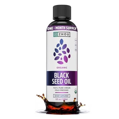 Zhou Organic Black Seed Oil - Black Cumin Seed Oil Cold Pressed, Nigella Sativa, Pure Unrefined Blackseed Liquid, Premium Supplement for Health with Thymoquinone, Omega 3 6 9 - 8 Fl Oz (Pack of 1)