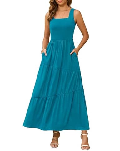 Kranda Women Summer Dresses Square Neck Tiered Tank Dress Maxi Swing Sundress with Pockets Teal Green, XL