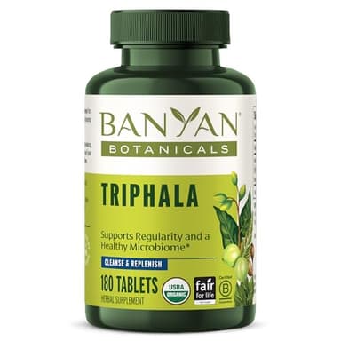Banyan Botanicals Organic Triphala Tablets - Gentle Daily Digestion & Colon Cleanse Support - Amla, Haritaki, Bibhitaki - Healthy Elimination, Detox & Gut Microbiome - 180 Tablets - Non-GMO, Vegan*