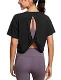 CRZ YOGA Open Back Short Sleeve Crop Top for Women Loose Athletic Yoga Workout Shirts Casual Cropped T-Shirts Black Medium