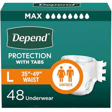 Depend Adult Diapers with Tabs, Incontinence Protection with Tabs, Unisex, Large (35–49" Waist, over 170 lbs), Maximum Absorbency, 48 Count (3 Packs of 16)