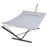 SUNCREAT 55 Inch Extra Large Double Hammock with Stand, 475lbs Capacity, Outdoor Portable Hammock with Hardwood Spreader Bar, Extra Large Pillow, Grey