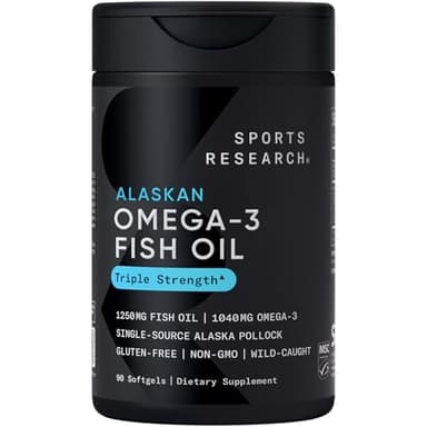 Sports Research® Omega-3 Fish Oil 1250 - Triple Strength Fish Oil Supplement from Wild Alaska Pollock - MSC Certified Sustainable · Non-GMO · Soy Free - 90 Softgel Capsules
