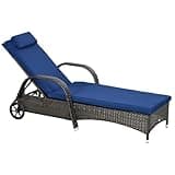 Outsunny Wicker Outdoor Chaise Lounge, 5-Level Adjustable Backrest PE Rattan Pool Lounge Chair with Wheels, Cushion & Headrest, Brown and Dark Blue