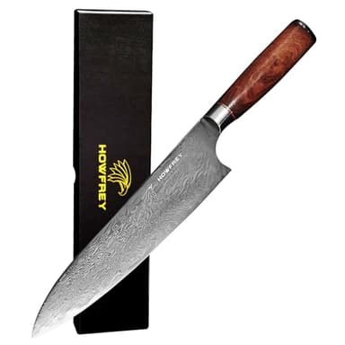 howfrey Damascus Chef Knife, 8 Inch 67-Layer Japanese Kitchen Knives Sharp VG-10 High Carbon Stainless Steel with Ergonomic Red Sandalwood Handles, for Home Kitchen Gift Idea
