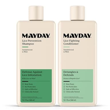 MAYDAY Daily Lice Routine Bundle – 12oz Shampoo & 12oz Conditioner | Non-Toxic, Pesticide-Free, Scientifically Proven Lice Defense for All Hair Types | Sandalwood & Mint Formula