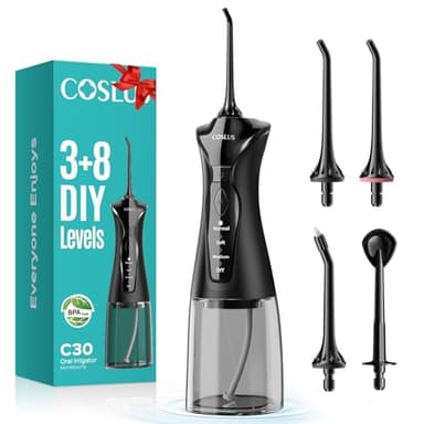 COSLUS Water Dental Flosser Pick for Teeth C30(FC5360): 4 Modes Cordless Portable 300ML Larger Tank Water Teeth Cleaner IPX7 Waterproof Flossing Cleaning Picks for Home Travel Black