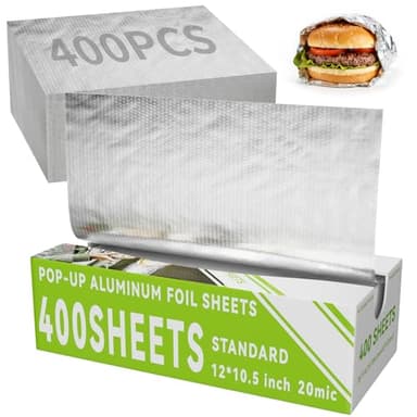 Aluminum Foil Sheets, 400 Count Tin foil,12" x 10.6" Pre-Cut Pop-Up Dispenser for Food Wrap, Hot Dog or Sandwich Wrap,Food Storage, Baking, Catering, Restaurant,Kitchen Use (Silver, 12 Inch)
