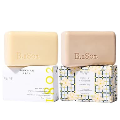 Beekman 1802 Pure & Vanilla Absolute Goat Milk Bar Soap Gift Set – Fragrance-Free + Warm Vanilla 9 oz Soaps – Gifts for Her, Valentine's Day Gift Set (2 Count)