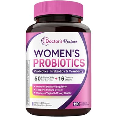 Doctor's Recipes Women's Probiotic, 120 Caps 50 Billion CFU 16 Strains, with Organic Cranberry, Shelf Stable, Delayed Release, No Soy Gluten Dairy