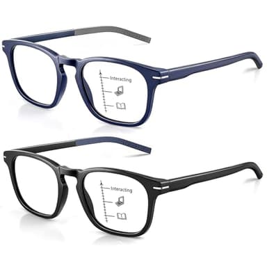 Missfive 2Pack Versatile Progressive Multifocus Reading Glasses Men, Anti-Blue Light Computer Readers, Durable Spring Hinge, Black+Blue 2.5x