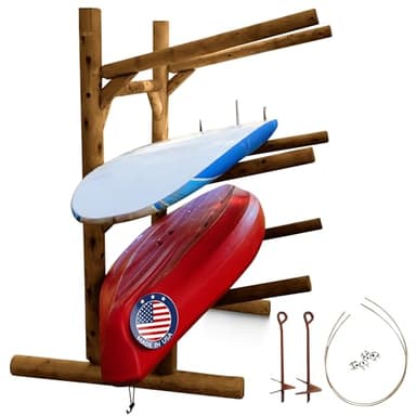 Log Kayak Rack 3-Place One-Sided Canoe Racks, Freestanding Canoe Stand for Garage, Outdoor & Indoor Surfboard Storage Racks or SUP Storage Stands, Kayaks - Canyon Brown + 15" Anchor Kit