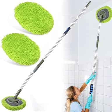 Wall Cleaner, Max 66'' Wall Mop with Long Handle, Ceiling Dust Mop with 15° Labor-Saving Elbow Extension Pole, Baseboard Duster Washer Scrubber, High Reach Window Cleaning Brush, Roof Cleaning Tool-GN