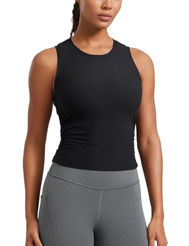 CRZ YOGA Cloudweight Womens Ruched Tank High Neck Workout Fitted Tops Basic Yoga Athletic Sleeveless Shirts Black Large