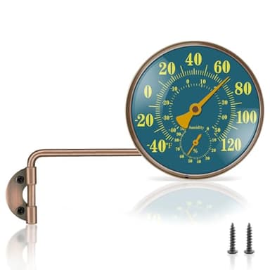 4 Inch Brass Outdoor Thermometer, Brass Swivel Temperature Gauge with Humidity, Analog Temperature Gauge, Outside Decorative Thermometer for Patio, Window, Greenhouse, Garage (Long Bracket)