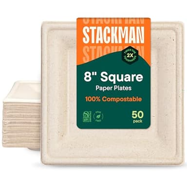 100% Compostable Square Paper Plates [50-Pack] - {PFAS-Free} - {BPI Certified} - [8 Inch] Heavy Duty, Eco-Friendly, Biodegradable Bagasse Dinner Plates - Natural Brown 8" Square Plate by Stack Man