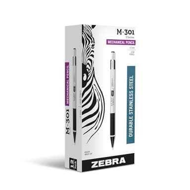 Zebra Pen, STEEL M-301 Mechanical Pencils, 0.5mm Fine Point, Refillable Lead, Stainless Steel Barrel, Built-in Eraser, Durable Clip, Lightweight Precision Pencil for Office or School, 12-Pack (54010)