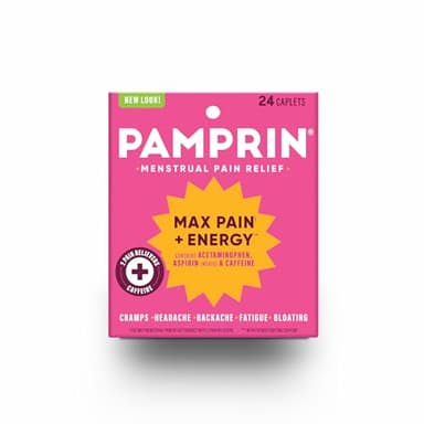 Pamprin Maximum Strength Max Pain and Energy Formula, Menstrual Period Symptoms Relief for Cramps, Bloating and Fatigue, 24 Caplets