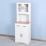 FIVESHOW Wooden Kitchen Cabinet White Pantry Room Storage Microwave Cabinet with Framed Glass Doors and Drawer