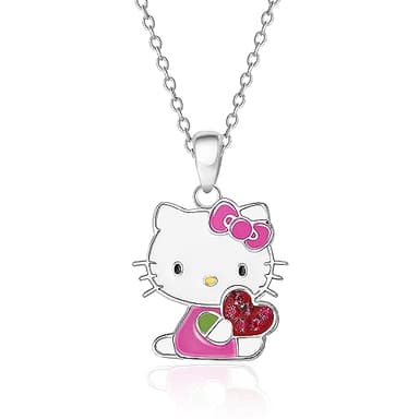 Hello Kitty Sanrio Necklace Official License - Silver Plated Necklace with Enamel and Red Crystal Pendant