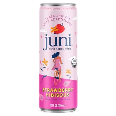 Juni Sparkling Adaptogen Drink with Ashwagandha, Lion’s Mane & Reishi Mushrooms, Decaffeinated, Strawberry Hibiscus 12 Fl Oz