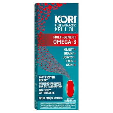 Kori Krill Oil Omega 3 Supplement, Antarctic Krill Oil with Superior Absorption vs Fish Oil, 1200mg Softgels, 30 Softgels, EPA & DHA