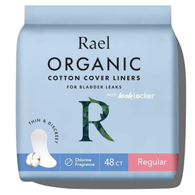 Rael Incontinence Liners for Women, Organic Cotton Cover, Postpartum Essential, Moderate Absorbency, Bladder Control, 4-Layer Core with Leak Guard Technology (Regular, 48 Count)
