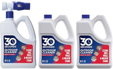 30 Seconds Outdoor Cleaner | Cleans Moss & Algae Stains from House, Vinyl Siding, Deck, Patio, Fence - 3 Capped Bottles, 1 Hose End Spray Attachment (64 Fl Oz (Pack of 3)