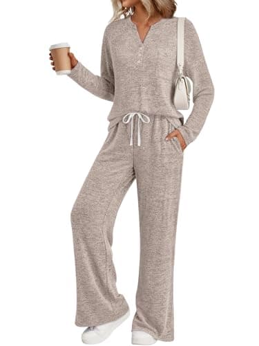 LILLUSORY Womens 2 Piece Lounge Sets Winter Outfits 2026 Sweatsuit Matching Pjs Airport Vacation Travel Fall Pajamas Fashion Khaki XL