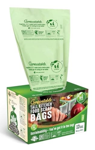 UNNI Compostable Trash Bags, 13 Gallon / 49.2 Liter, 50 Count, Extra Thick 0.9 Mil Tall Kitchen Food Scrap Bin Liners, Certified by BPI, CMA & OK compost HOME, Meets the ASTM D6400 Standard