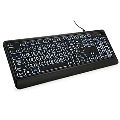 KOPJIPPOM Large Print Backlit Keyboard, USB Wired Computer Keyboard, Full Size Keyboard with White Illuminated LED Compatible for Windows Desktop, Laptop, PC, Gaming, Black