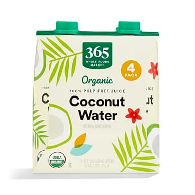 365 by Whole Foods Market, Organic Coconut Water, 100% Pulp-Free Juice, 16.9 Fl Oz per Carton, Pack of 4