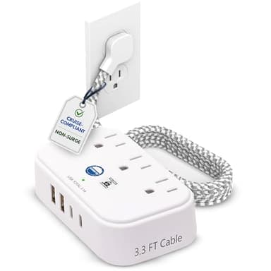 Cruise Approved Power Strip Non Surge Protector with 3.3 ft Travel Extension Cord and USB Ports [2 USB, 2 USB-C, 3 AC] Cruise Ship Essentials for Carnival, Princess, & Major Cruise Lines 2026 & 2027